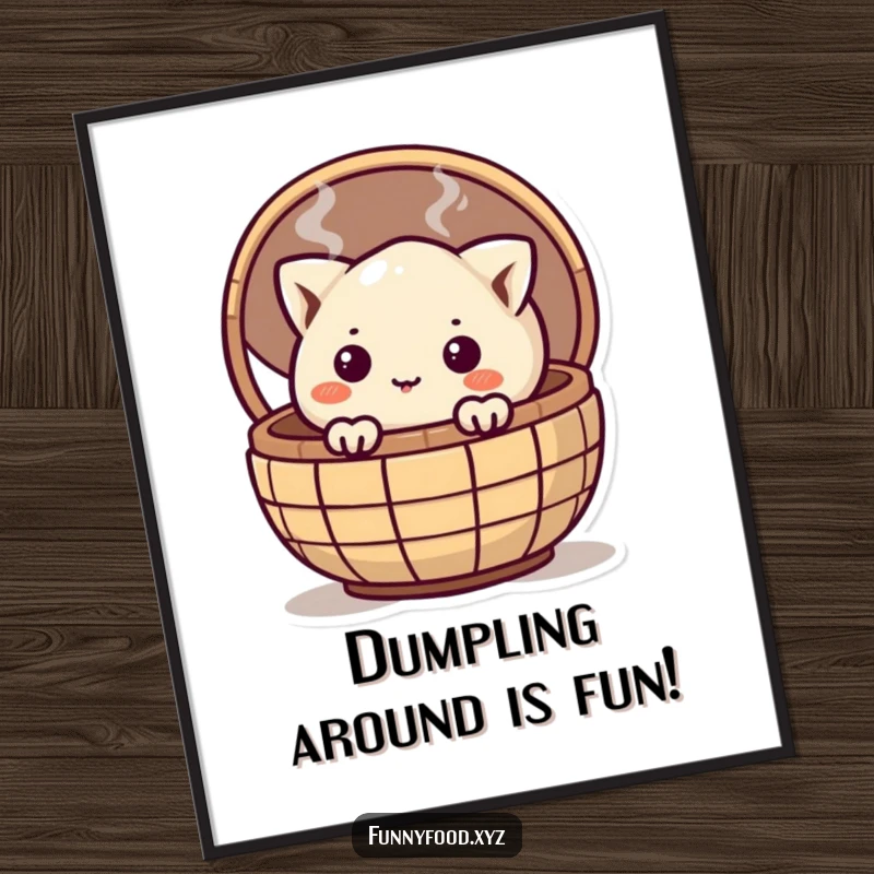 Funny Free Printable wall art depicting a curious dumpling peeking from a steaming basket, radiating cozy charm.