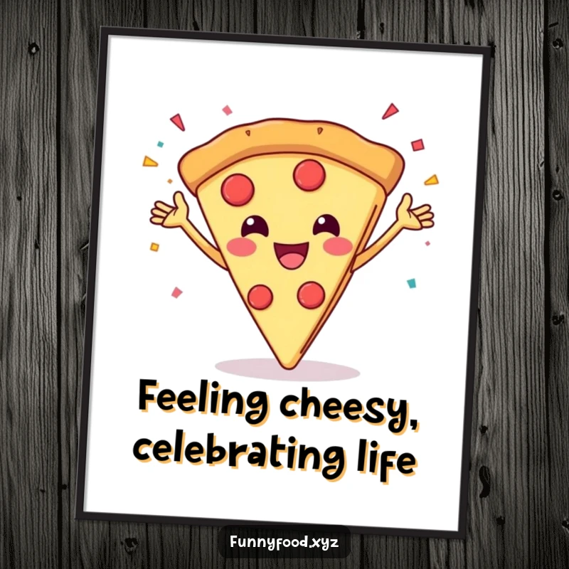 Funny Free Printable Wall Art: A cheerful pizza slice character with arms throwing confetti, perfect for a food-lover's quirky gallery wall.