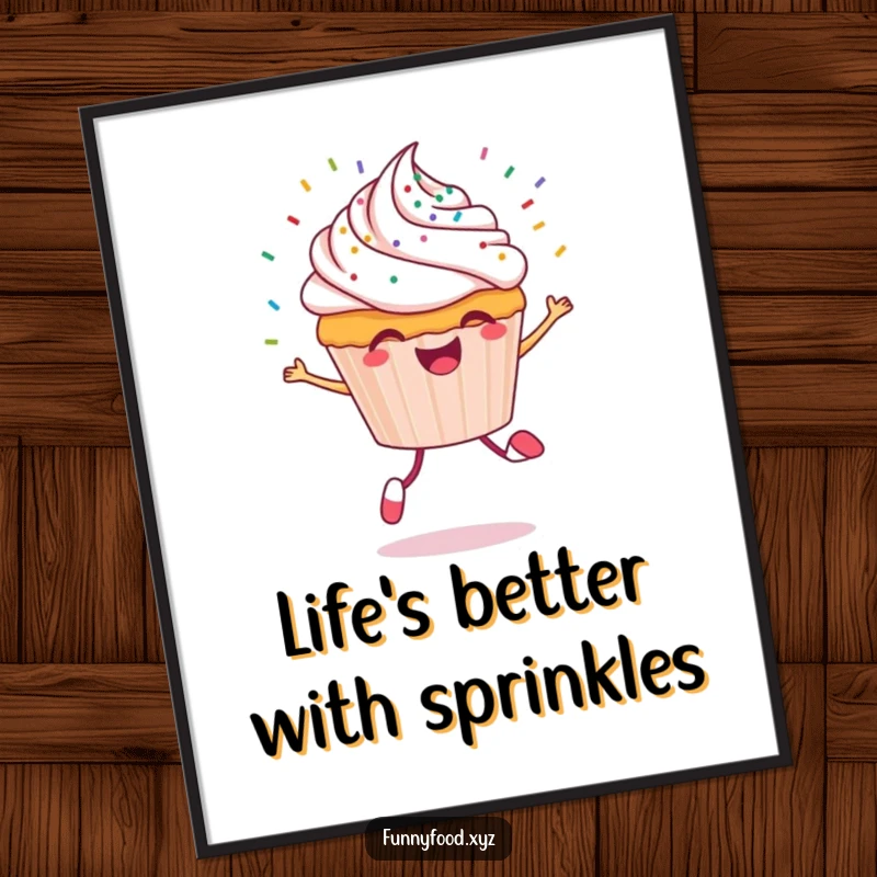 Funny Free Printable Cupcake Wall Art: A cheerful character skipping with sprinkles flying, adding vibrant energy.