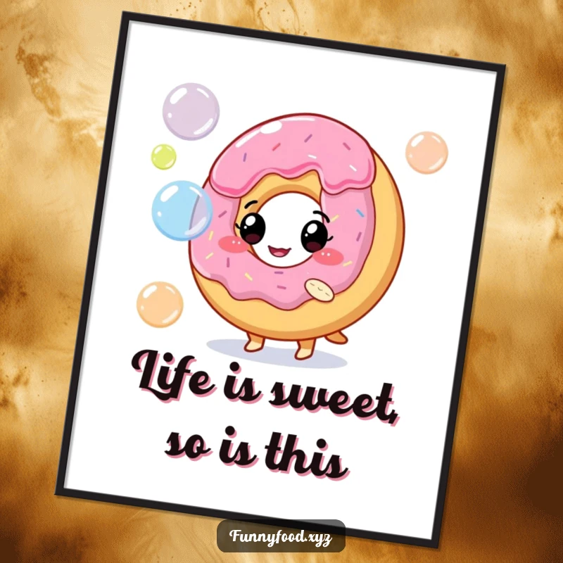 Funny free printable wall art of a playful donut character blowing colorful bubbles. A delightful and cheerful downloadable art piece.