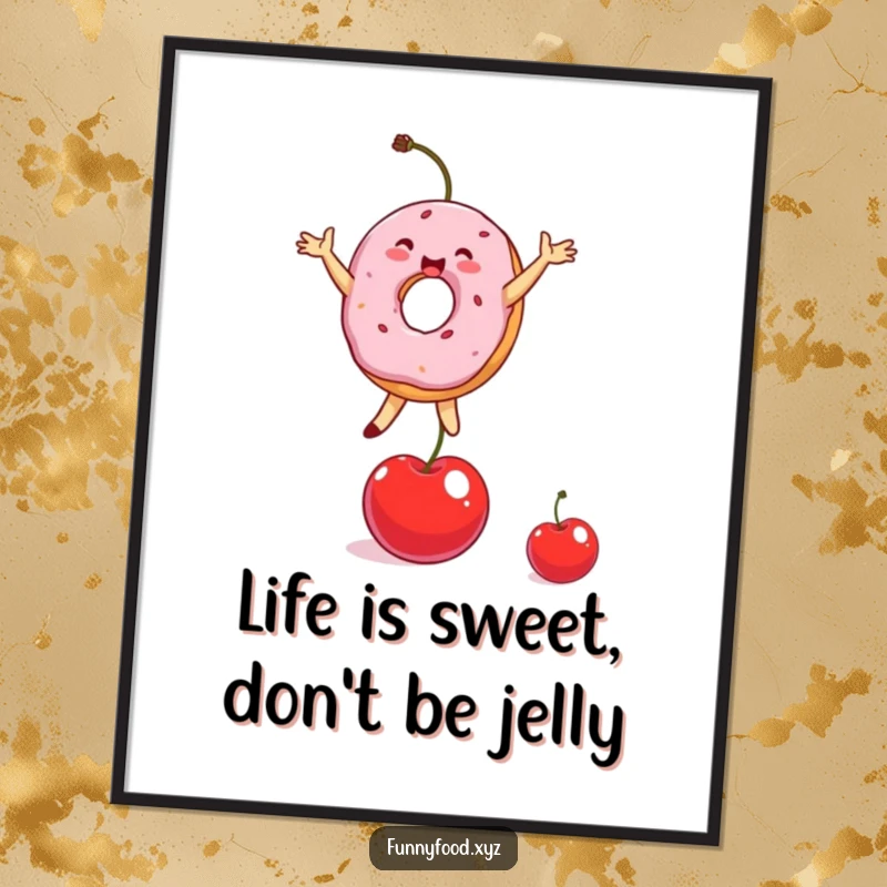 Funny free printable donut person balancing on a cherry, perfect for kitchen wall art.