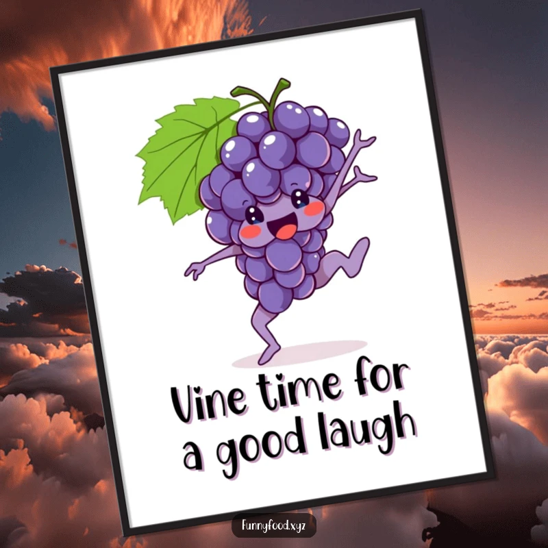 Funny free printable bunch of grapes performing a gymnastic move, energetic wall art.