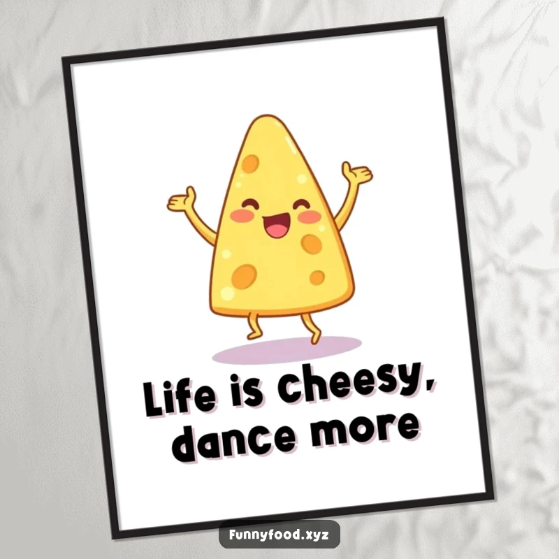 Funny Free Printable Wall Art: A delighted anthropomorphic cheese wedge performing a joyful, uninhibited silly dance.