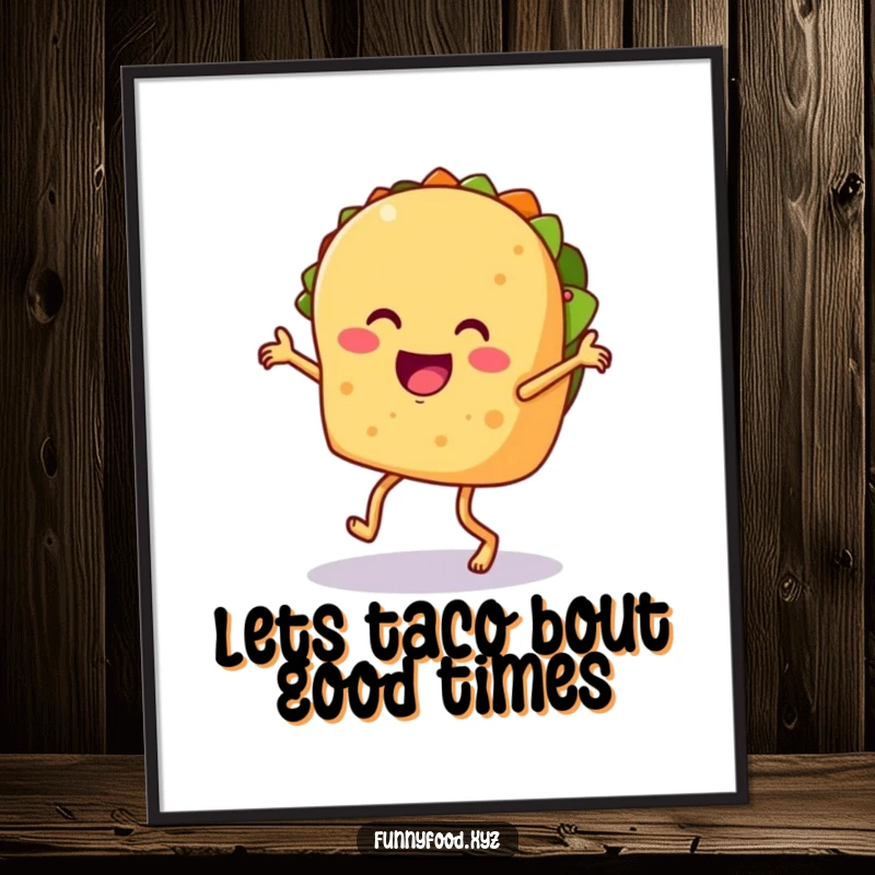 Funny Free Printable Wall Art: A taco with legs performs a lively salsa dance, adding a festive and humorous touch.