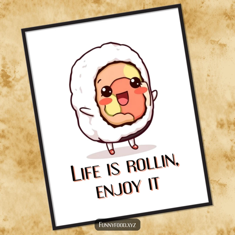 Funny Free Printable Wall Art: Delighted sushi roll doing a happy little shuffle dance. A playful, food-themed, downloadable piece.