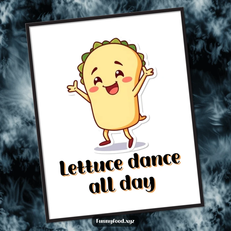 Funny Free Printable Wall Art: A cheerful taco character in a silly dance pose, vibrant decor.