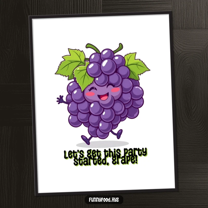 Funny Free Printable Wall Art: A smiling bunch of grapes performs a jig, with one grape playfully rolling off, a quirky downloadable.