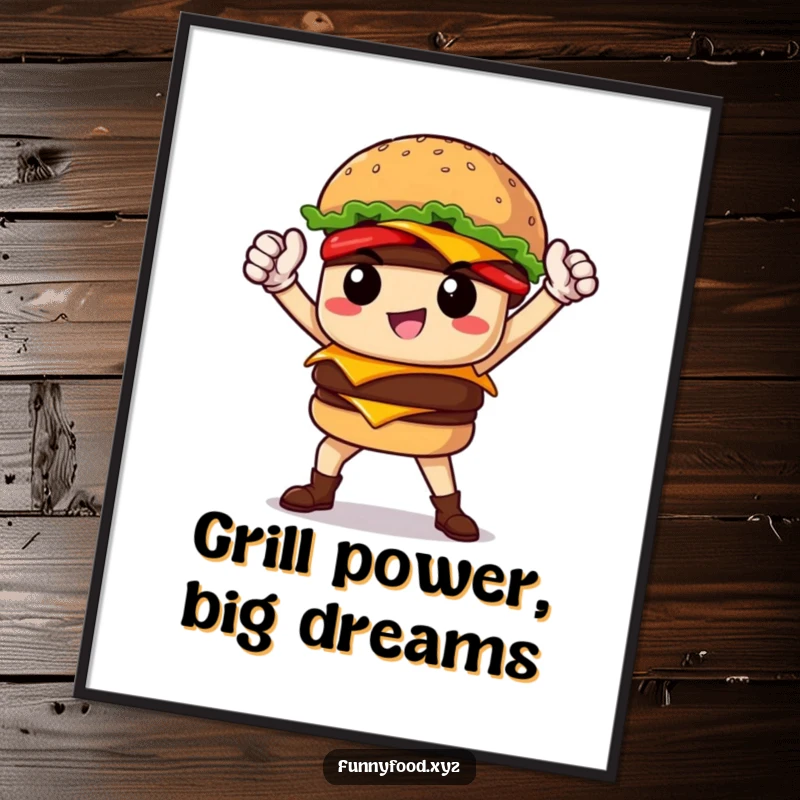 Funny Free Printable wall art depicting a proud burger character striking a heroic and confident pose, ready for action.