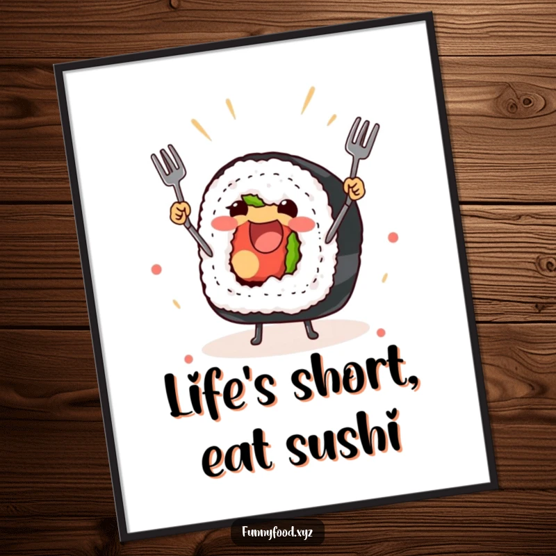 Funny Free Printable Wall Art: An artistic portrayal of a cheerful sushi roll juggling tiny forks, perfect for a kitchen or dining area.