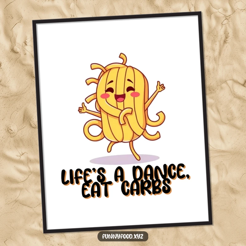 Funny Free Printable wall art depicting a pasta character in mid-dance, radiating pure, unadulterated joy and silliness.