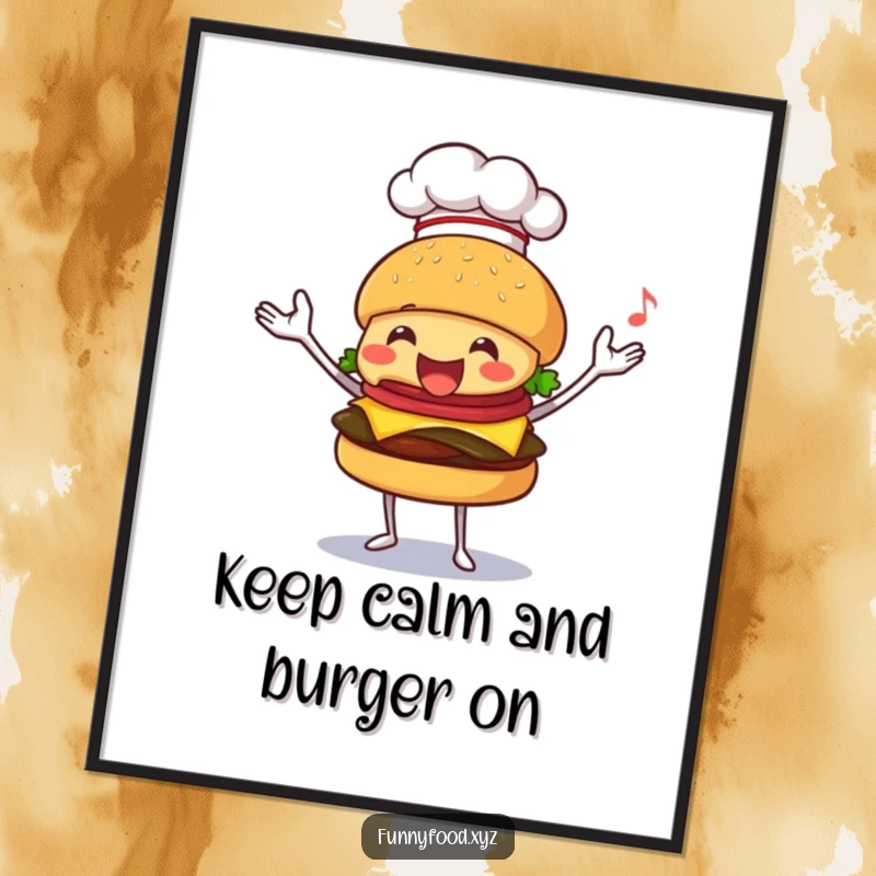Funny Free Printable Wall Art: Happy burger wearing a chef hat, expertly juggling. A whimsical, food-themed, downloadable piece.