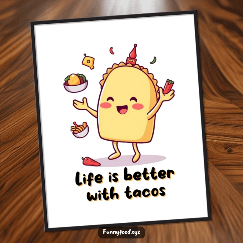 Funny free printable wall art of a happy taco character juggling miniature toppings with a smile.