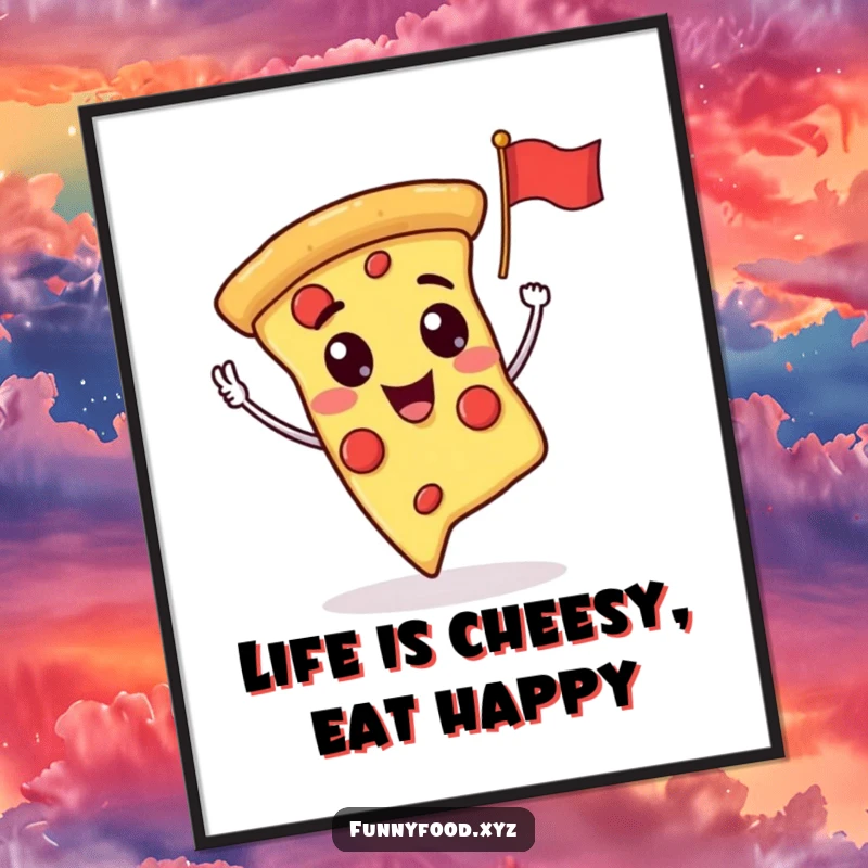 Funny Free Printable Wall Art: A smiling pizza slice character cheerfully waves a tiny flag, adding quirky joy.