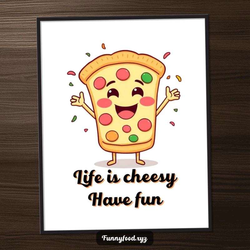 Funny free printable wall art: A grinning pizza slice with arms actively throwing colorful confetti, celebrating joyfully.
