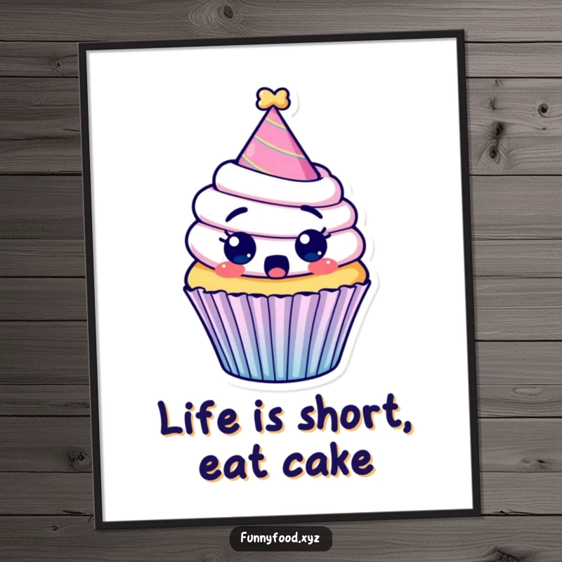 Funny Free Printable Wall Art: A surprised cupcake sporting a party hat, ready to bring festive vibes to any room.