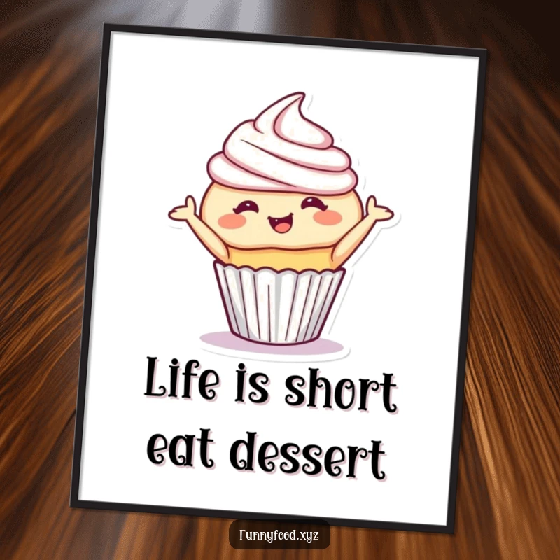 Funny Free Printable Wall Art of a giggling cupcake performing a charming, playful bow.