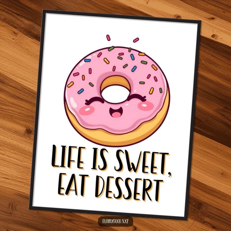 Funny free printable wall art of a winking donut with sprinkles popping out, adding a playful touch.