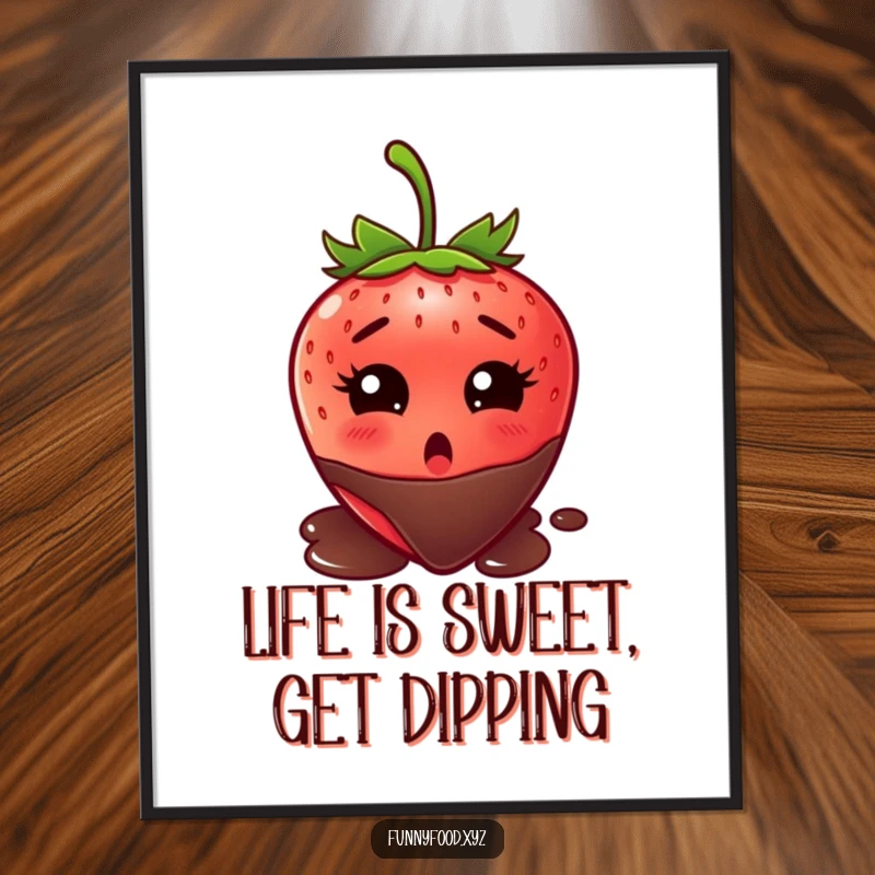 Funny Free Printable Wall Art: Wide-eyed strawberry surprised by chocolate dip, a humorous and quirky downloadable art piece.