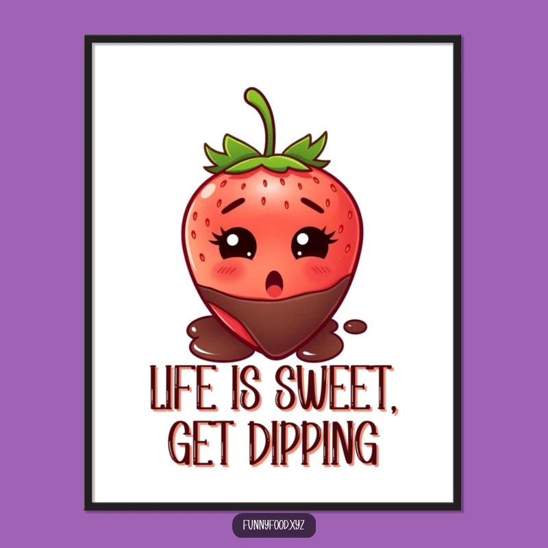 Funny Free Printable Wall Art: Surprised Strawberry Chocolate Dip Downloadable Decor