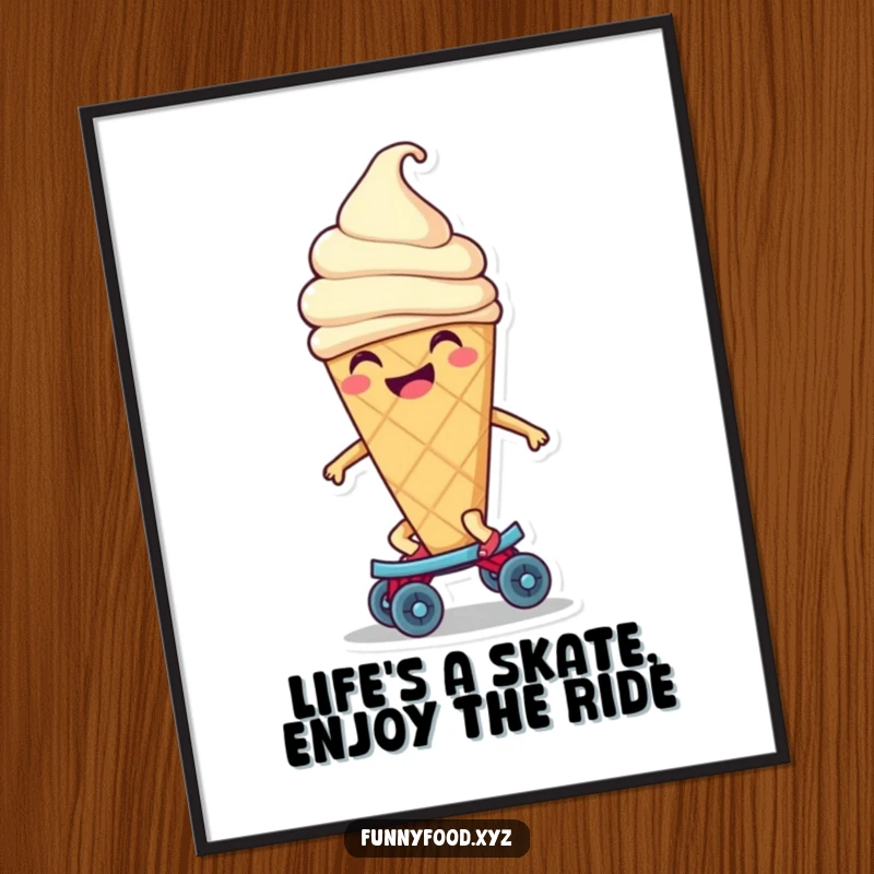Funny Free Printable Wall Art: Smiling ice cream cone cruising on a tiny roller skate, radiating chill happiness!