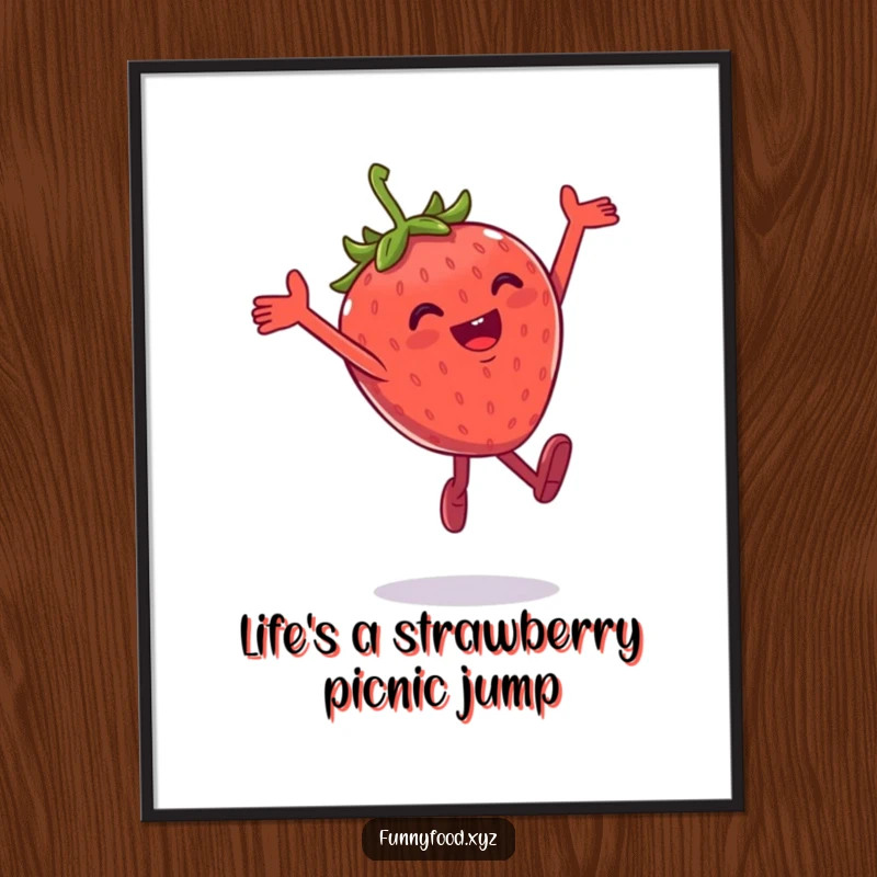 Funny Free Printable Wall Art: A gleeful anthropomorphic strawberry performing a joyful, high leap into the air.