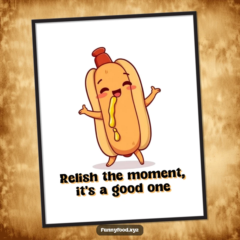 Funny Free Printable Wall Art: A playful hot dog performs a comedic shimmy with a dribble of mustard, a vibrant downloadable.