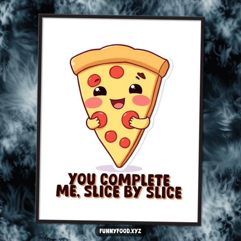 Funny free printable wall art showing a delighted pizza slice giving a big, warm hug. A charming and humorous downloadable art piece.