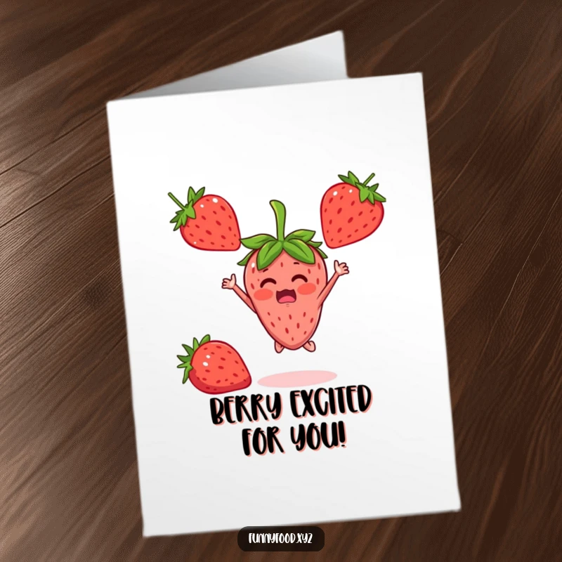 Funny Free Printable Birthday Card: A surprised strawberry character is jumping with delight, celebrating a birthday.