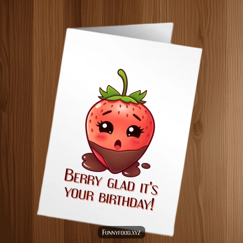 Funny Free Printable Birthday Card: Wide-eyed strawberry shocked by imminent chocolate dip, a hilarious downloadable design.