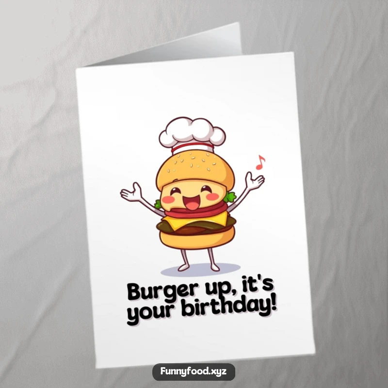 Funny Free Printable Birthday Card: Happy burger with chef hat juggling fruits, showing off skills. A culinary-themed, humorous graphic.