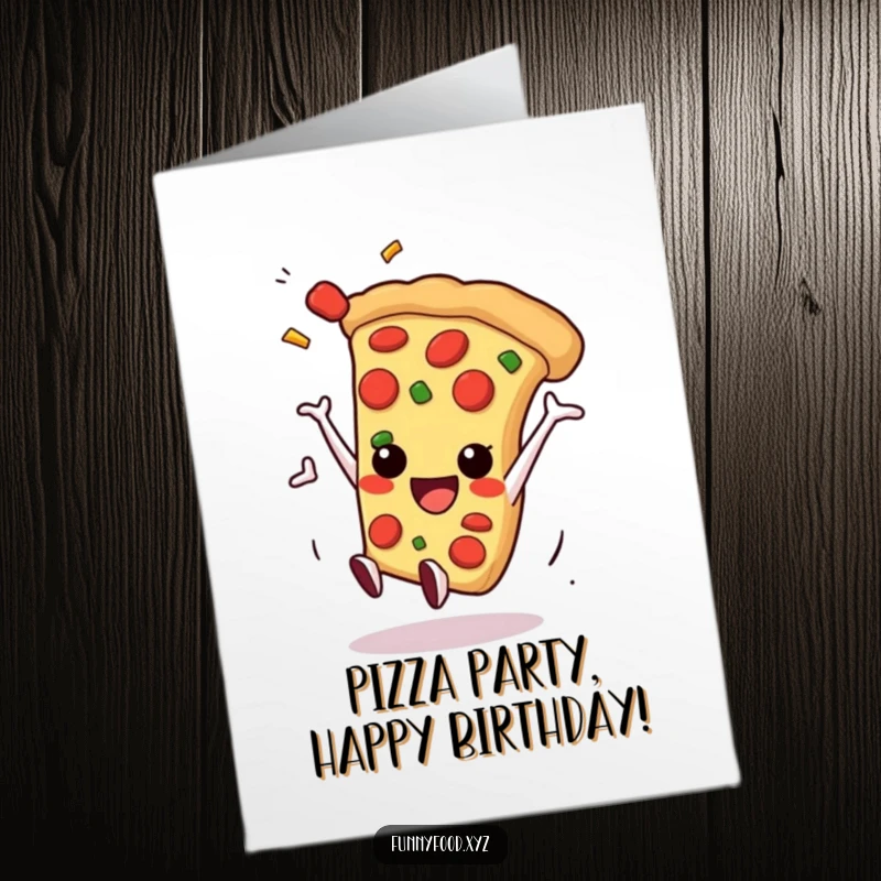 Funny Free Printable Birthday Card: Smiling pizza slice does a somersault, toppings flying.