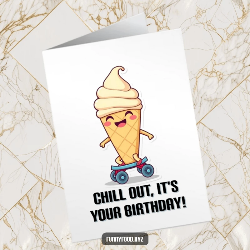 Funny Free Printable Birthday Card: Smiling ice cream cone happily skating on a tiny roller skate, pure bliss!
