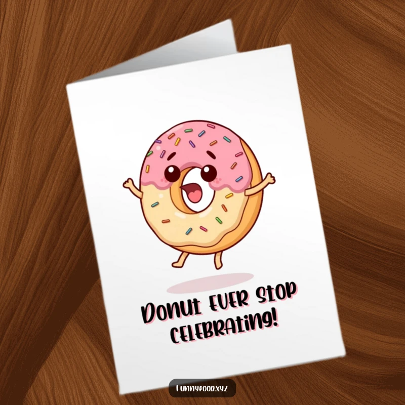 Funny Free Printable Birthday Card: Surprised donut with sprinkles jumping energetically, expressing delight. A cheerful, sugary graphic.