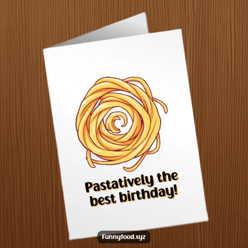 Funny free printable birthday card featuring a playful pasta swirl spinning rapidly, conveying birthday cheer.