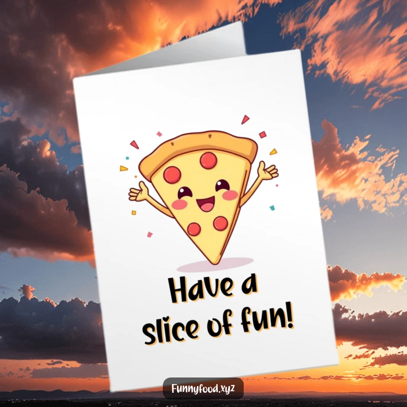 Funny Free Printable Birthday Card: A grinning pizza slice with arms joyfully throws confetti, celebrating a birthday bash.