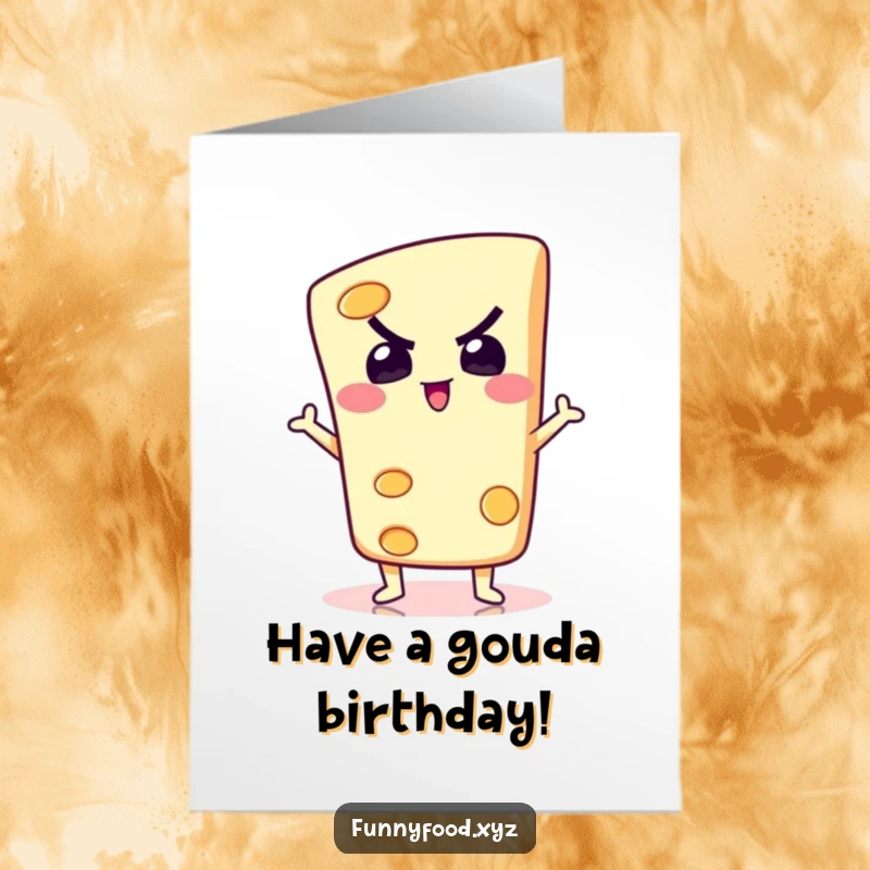 Funny Free Printable Birthday Card: A determined slice of cheese strikes a silly pose, wishing a 'gouda' birthday with a wink.