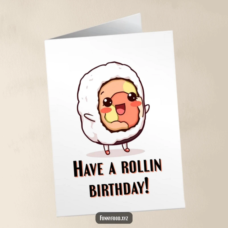 Funny Free Printable Birthday Card: Delightful sushi roll doing a happy little dance shuffle. A cute and playful food graphic.