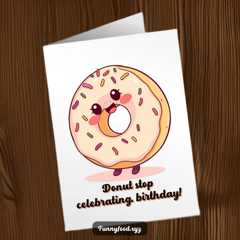 Funny Free Printable Birthday Card: A giggling donut with sprinkles performs a cartwheel with birthday excitement.