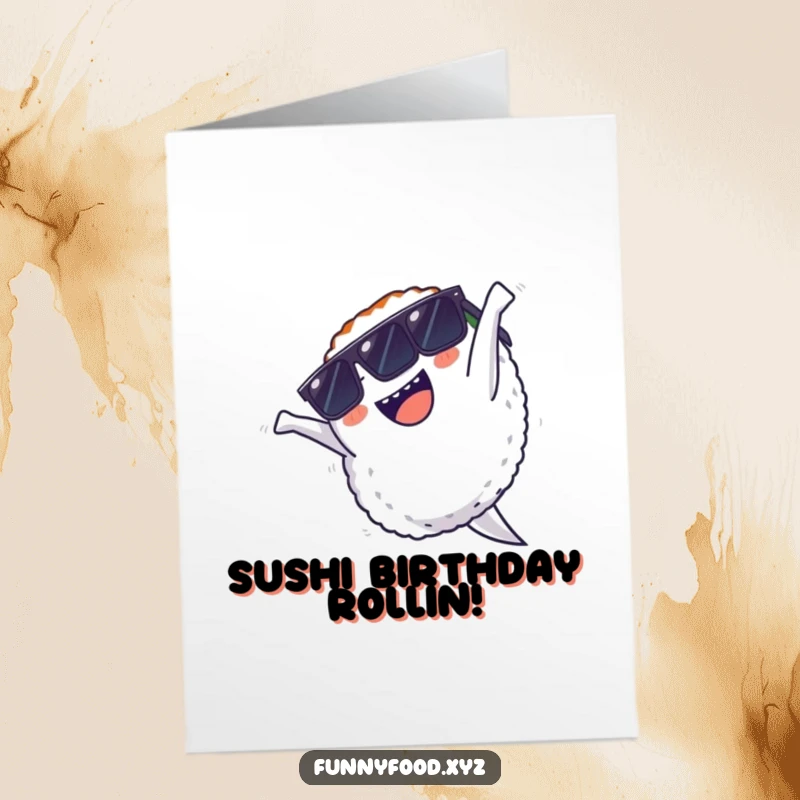 Funny Free Printable Birthday Card: Delighted sushi in sunglasses executes a perfect backflip, ready for a party.