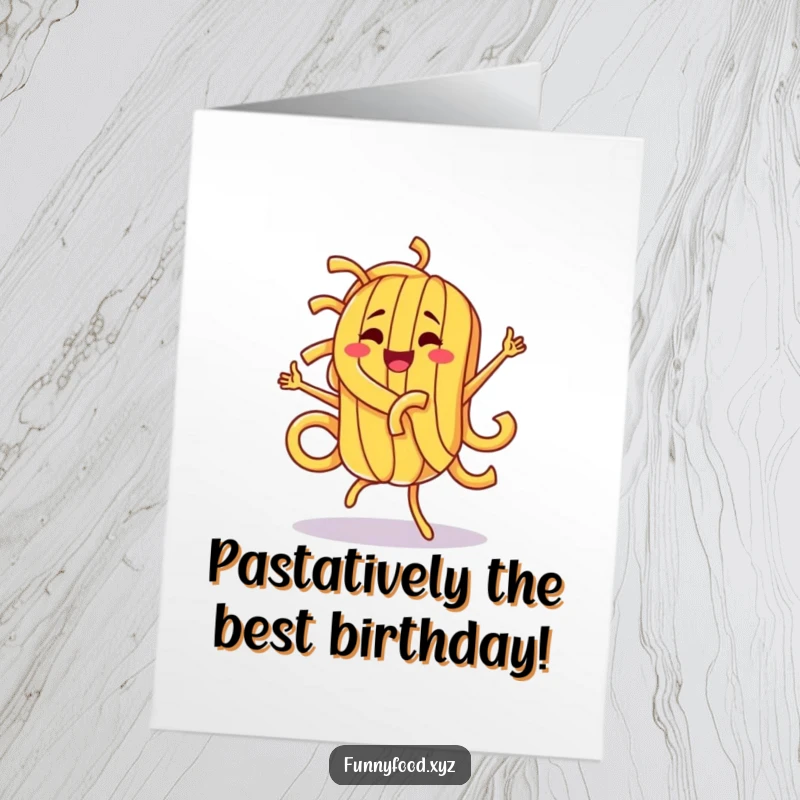 Funny Free Printable birthday card featuring a goofy pasta character gleefully dancing with joy, ready to party.