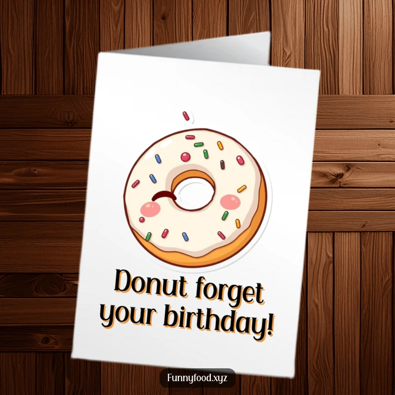 Funny Free Printable Birthday Card: A winking donut character with sprinkles popping out, looking mischievous and happy.