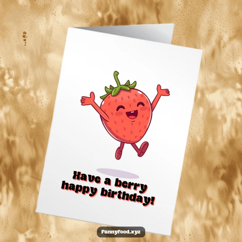 Funny Free Printable Birthday Card: Gleeful strawberry leaps joyfully high into the air with excitement.