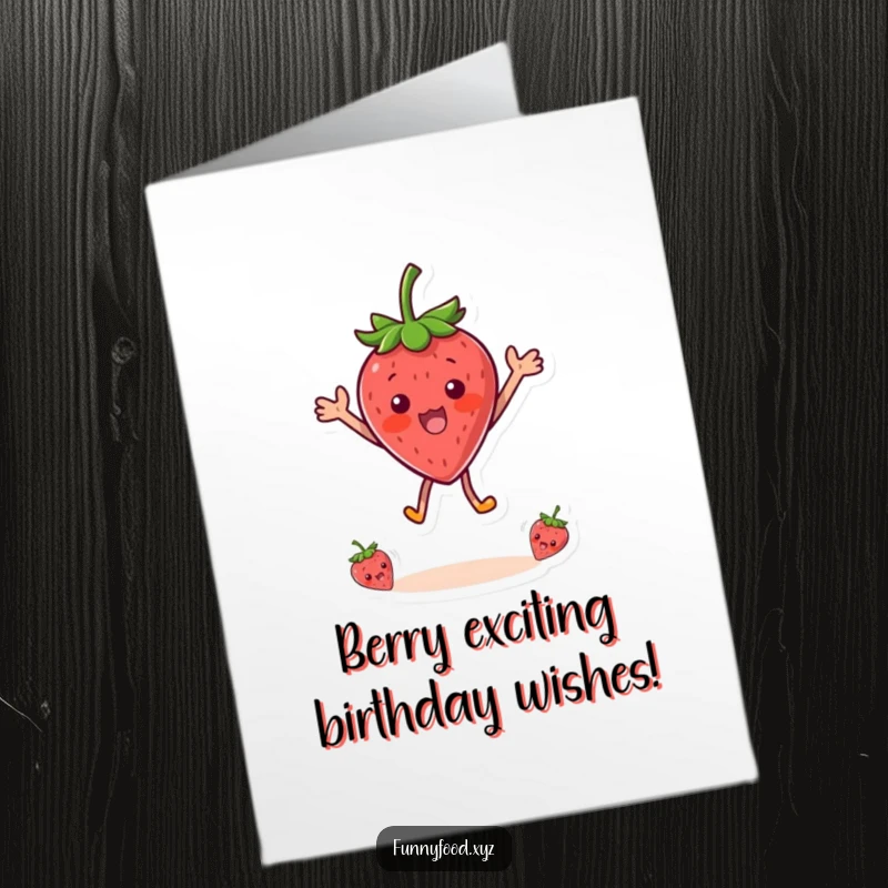 Funny Free Printable Happy Birthday Card: A delighted strawberry person leaps upward in surprise and excitement, ready for celebration.