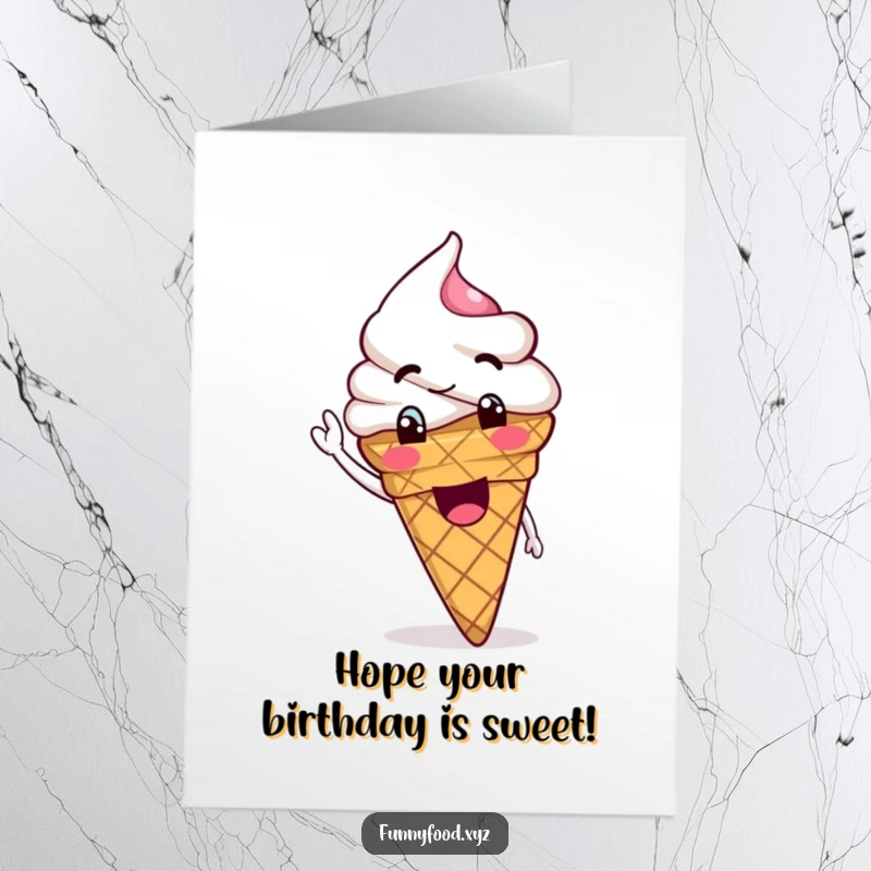 Funny free printable goofy ice cream cone waving its scoop, celebrating a birthday with joy.