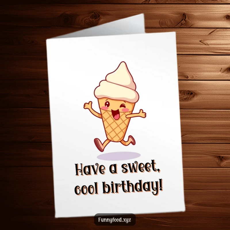 Funny Free Printable Birthday Card: An enthusiastic ice cream cone performs a joyous skip, spreading happy birthday vibes.