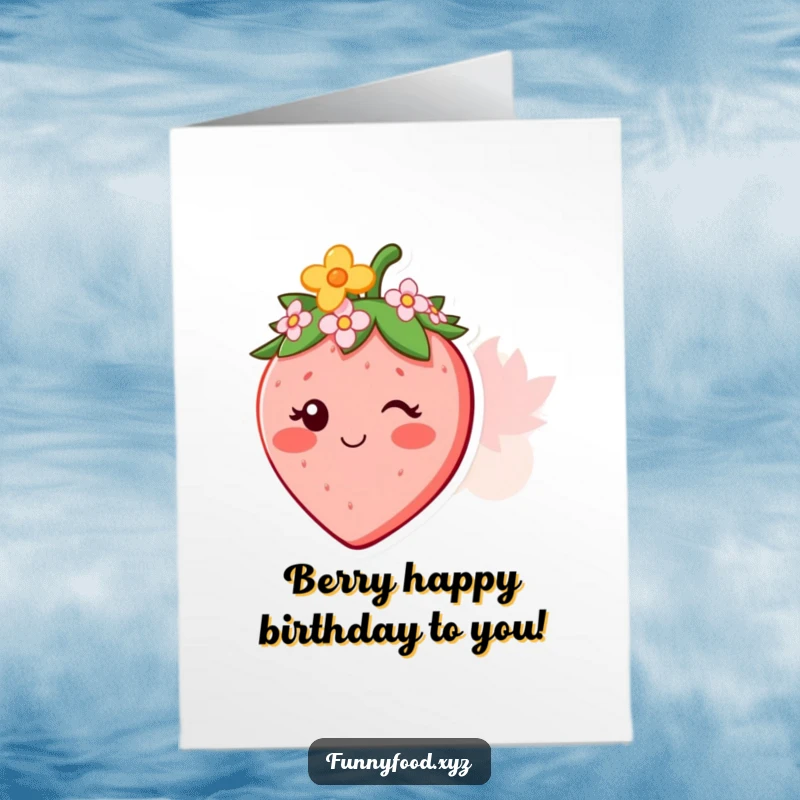 Funny free printable birthday card featuring a smiling strawberry character adorned with a tiny, charming flower crown. Adorable and sweet.