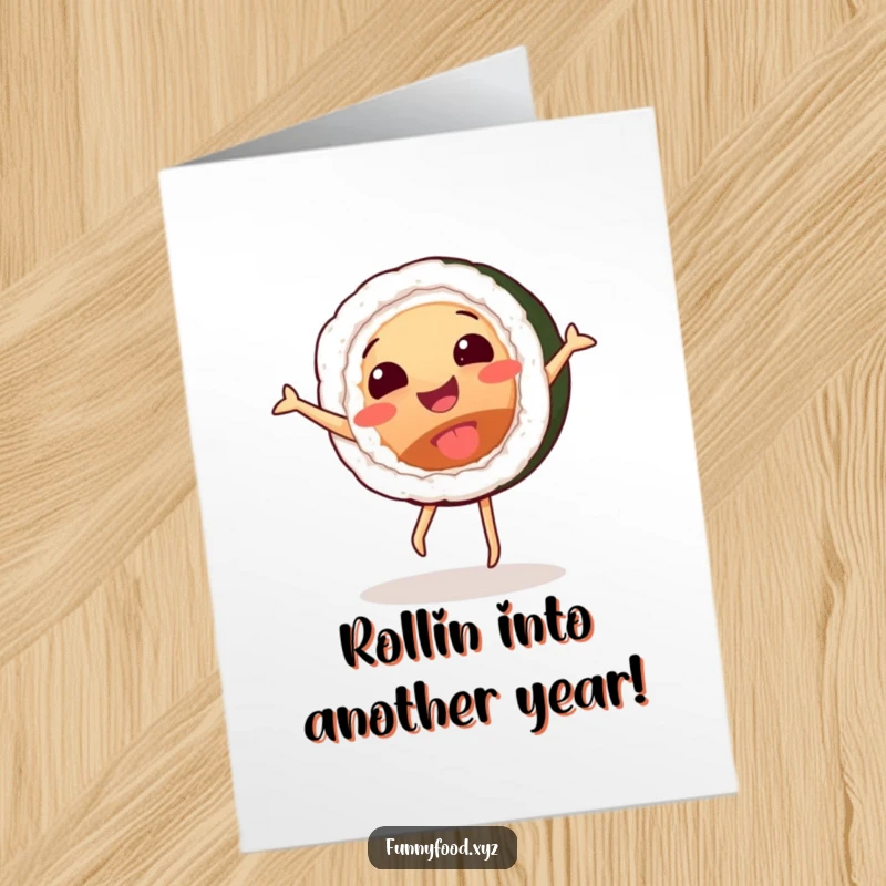 Funny free printable birthday card featuring a gleeful sushi roll doing a cartwheel with joyous abandon. A perfect food-themed celebration card.