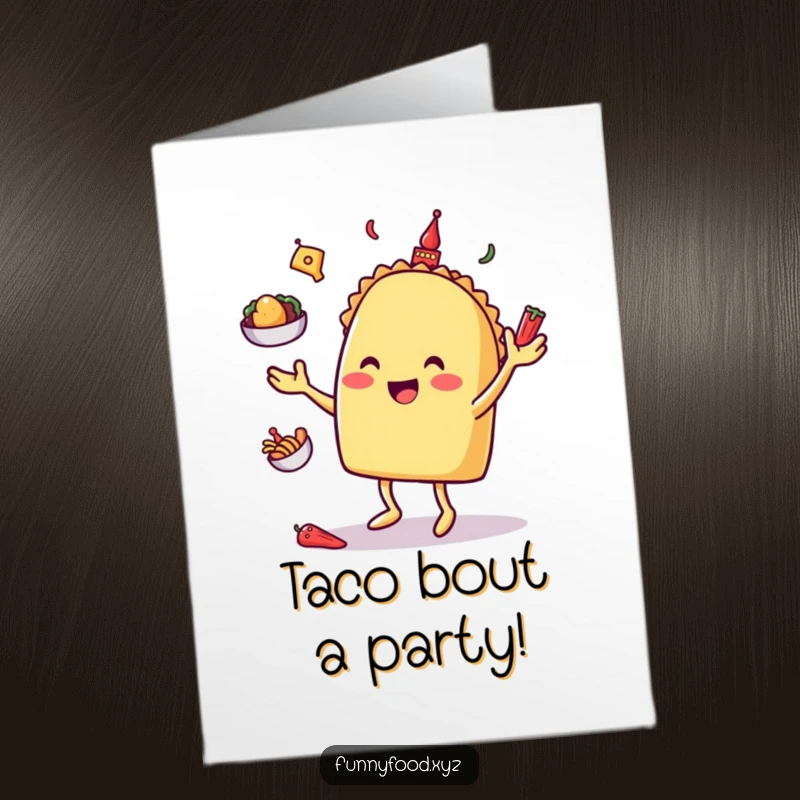 Funny free printable birthday card featuring a happy taco character skillfully juggling tiny toppings.