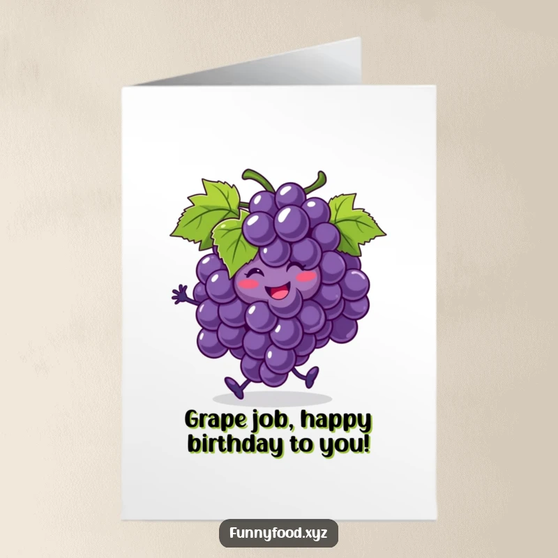 Funny Free Printable Birthday Card: Smiling bunch of grapes doing a jig, one grape rolls away, a whimsical downloadable.