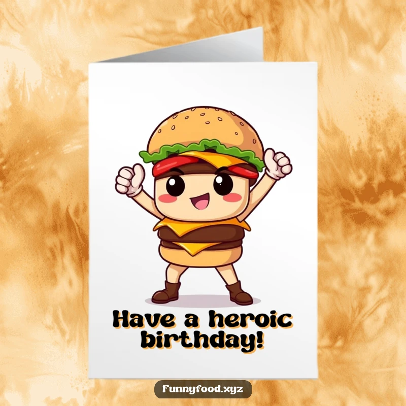 Funny Free Printable birthday card featuring a proud burger character striking a confident, heroic pose, ready to conquer the day.